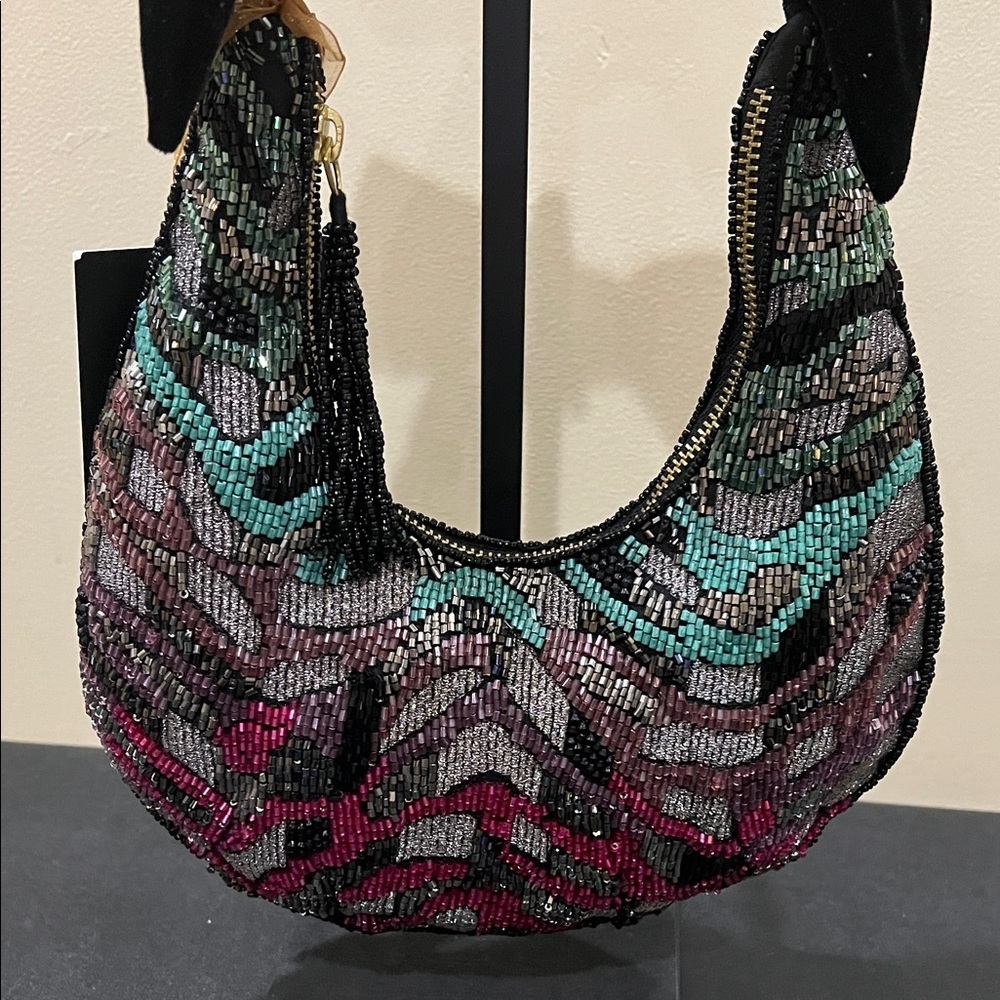 From India To You | Elegant Beaded Shoulder Bag w/ Velvet Black Bow